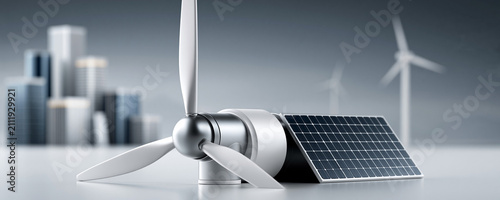 A futuristic cityscape powered by alternative energy sources, with wind turbines and solar panels integrated into the urban environment. The image is designed with generous copy space for additional