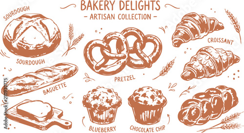 Fotografía Set of hand drawn bakery items with sourdough bread baguette pretzel croissant m