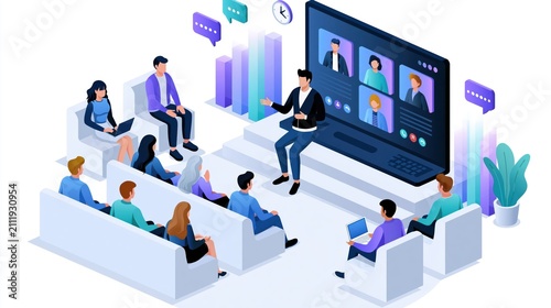 Diverse professionals collaborating in a modern hybrid meeting with digital presentation and virtual participants during a business strategy session