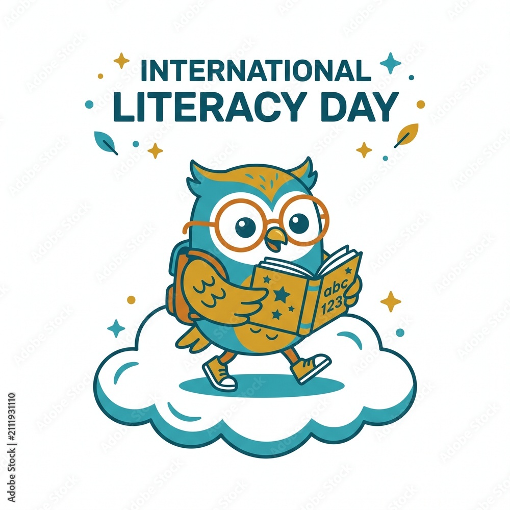 Naklejka premium Cute Owl Student with Backpack Walking on Cloud Reading Book for International Literacy Day Illustration