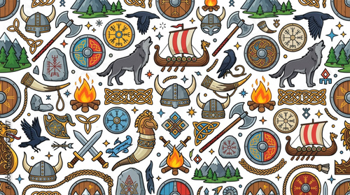 Viking themed seamless pattern with symbols and animals.