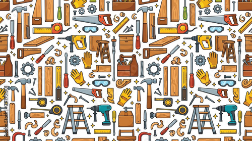 Colorful seamless pattern of various construction tools and equipment.