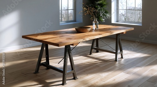 Rustic oak dining table with raw edges and industrial metal legs in a bright sunlit room with large