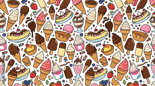 Colorful seamless pattern of various desserts and sweets.