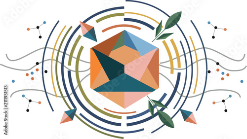 Konstfotografi An abstract geometric illustration featuring a central colorful icosahedron surr
