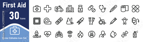 Foto Set of thirty medical first aid line icons representing healthcare equipment eme