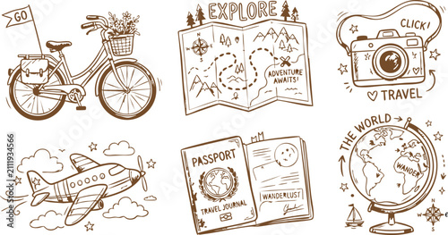 Canvas Print Set of travel and adventure icons with bicycle map camera airplane passport and
