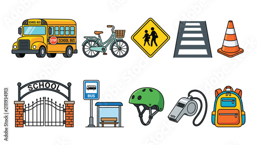 School Transportation Icon Set with School Bus Bicycle Crosswalk and Backpack