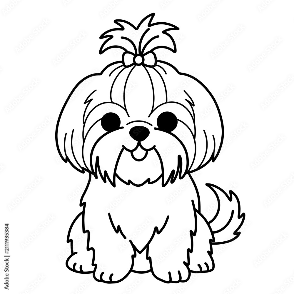 Obraz premium Cute Smiling Shih Tzu Dog with Bow Line Art Coloring Page Illustration