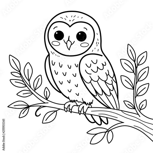 Cute Little Owl Perched on Tree Branch Line Art Coloring Page Illustration