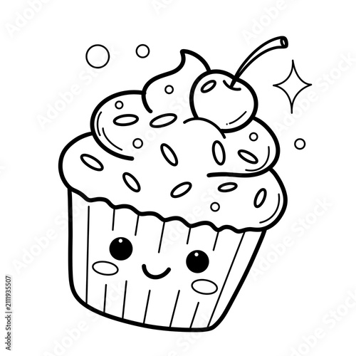 Принти на полотні Cute Smiling Cupcake with Cherry and Sprinkles Line Art Coloring Page Illustrati