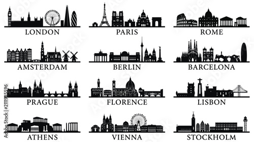 Photography European City Skylines Silhouette Set Flat Vector Illustration