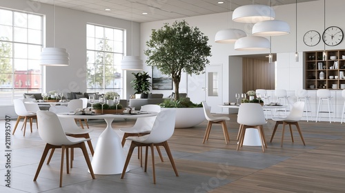 Modern bright restaurant interior with natural light and a large potted tree creating a serene ambiance for dining