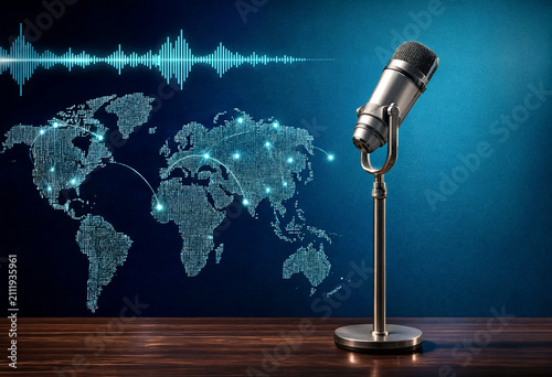 Vintage microphone with global digital network and audio waveform illustration on dark background
