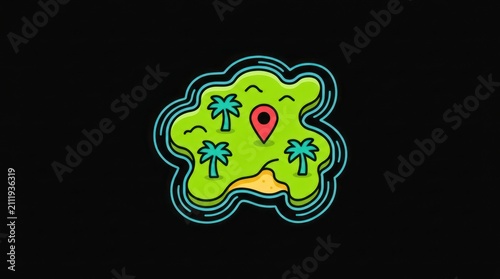 Tropical island map icon with location pin. Vector illustration of a summer vacation spot.