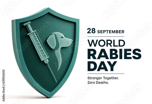 World rabies day awareness poster with syringe and dog silhouette in shield design illustration
