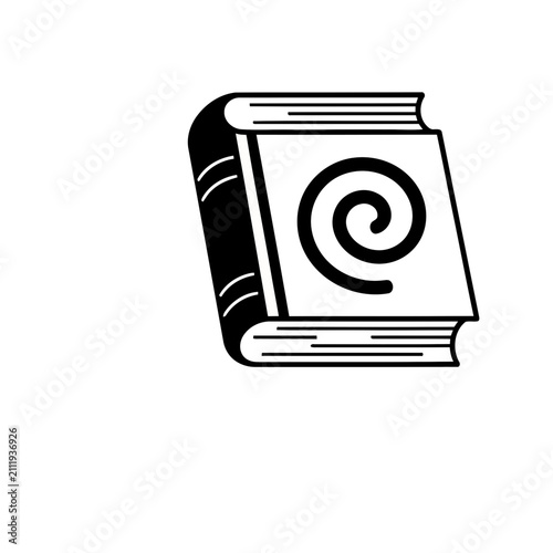 Black and white illustration of a closed book with a spiral