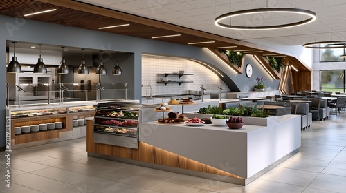 Modern cafeteria interior with diverse food stations and contemporary lighting design for corporate dining