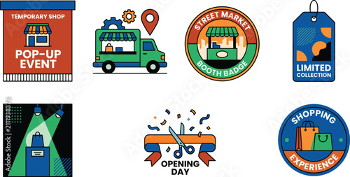 Retail Pop Up Store and Event Badge Vector Set Featuring Food Truck Street Market Booth Limited Collection Tag and Opening Day Ribbon Icons