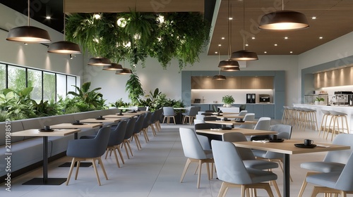 Modern office breakroom with lush hanging plants and contemporary seating during daytime