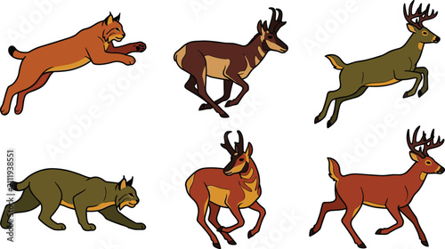 North American Wildlife Vector Set Featuring Dynamic Running and Prowling Poses of Lynx Pronghorn Antelope and White Tailed Whitetail Deer Icons