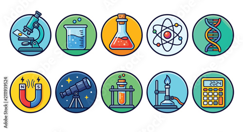 School Science Icon Set with Microscope Beaker Flask Atom and DNA