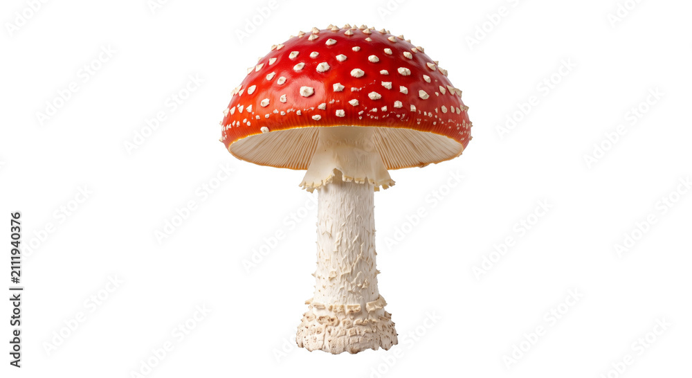 Fototapeta premium Iconic red and white spotted fly agaric mushroom isolated on white background