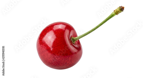 Foto Single ripe red cherry with a green stem on a white background