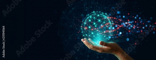 Digital globe illustration held by hand, glowing interconnected network for global communication, data science
