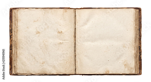 Canvas Print Antique open book with aged, blank pages and worn leather binding
