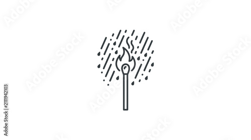 Foto Single burning matchstick with flame against abstract rain pattern
