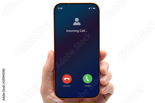 Man hand holding phone incoming call screen white isolated background