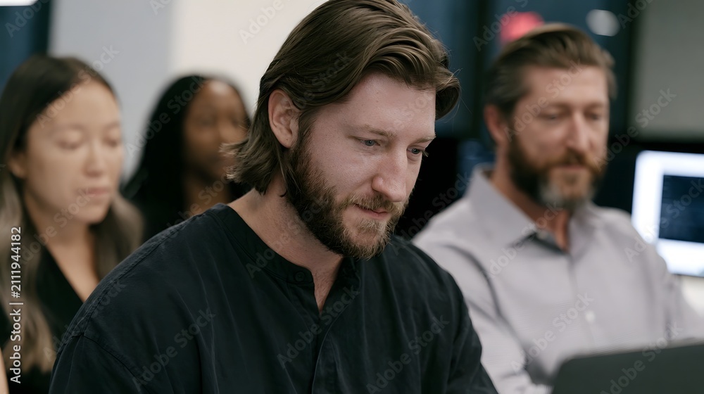 Fototapeta premium A man with a beard focused on work at a desk while others sit nearby in an office setting