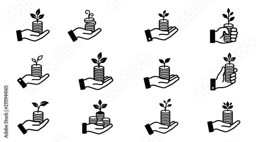 Set of Hands Holding Coins with Growing Plants Icons