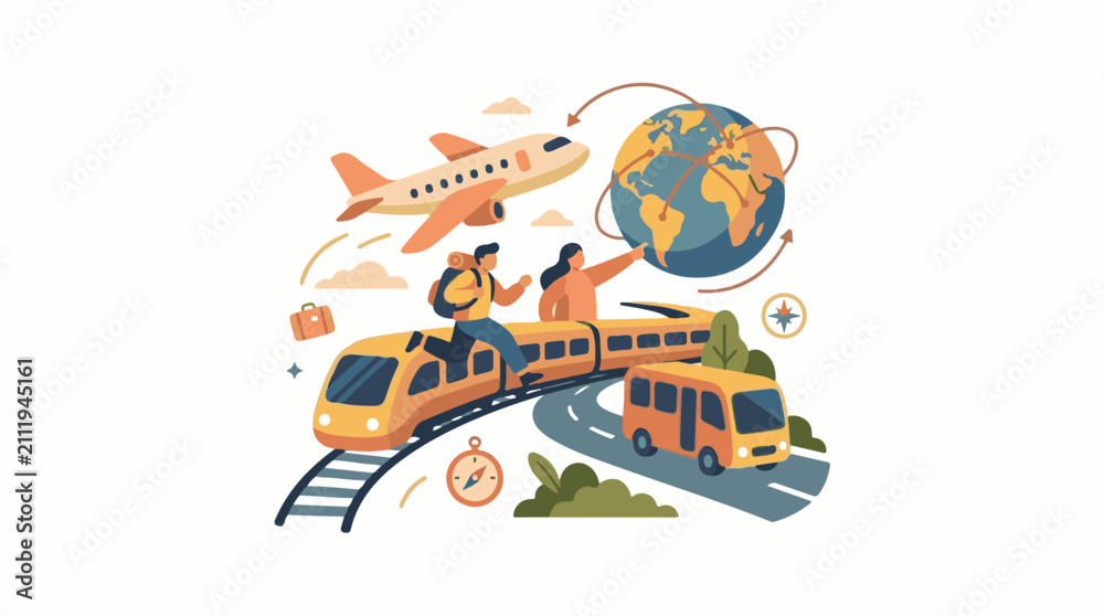 Fototapeta premium People traveling by plane train and bus around a globe