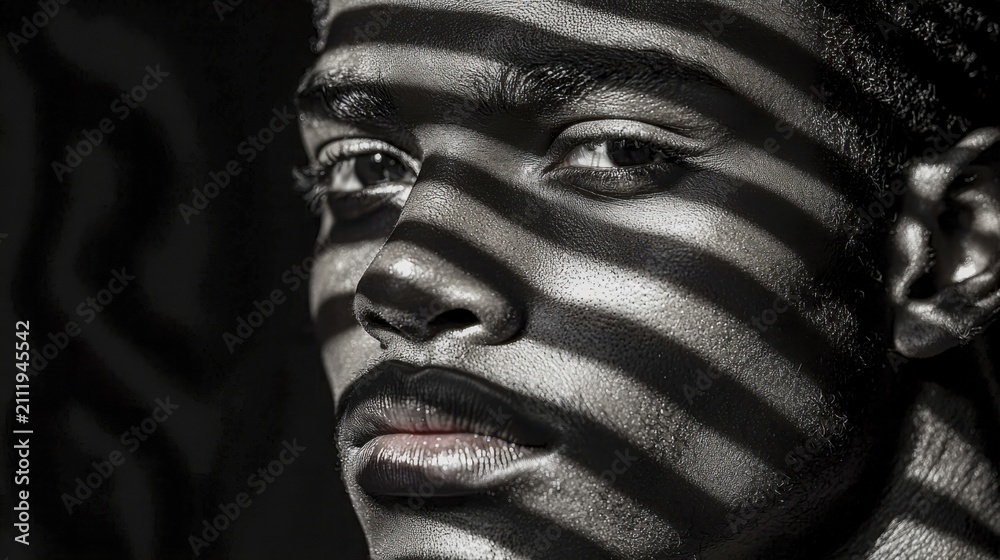 Obraz premium A face with strong features highlighted by striped shadows, AI generated