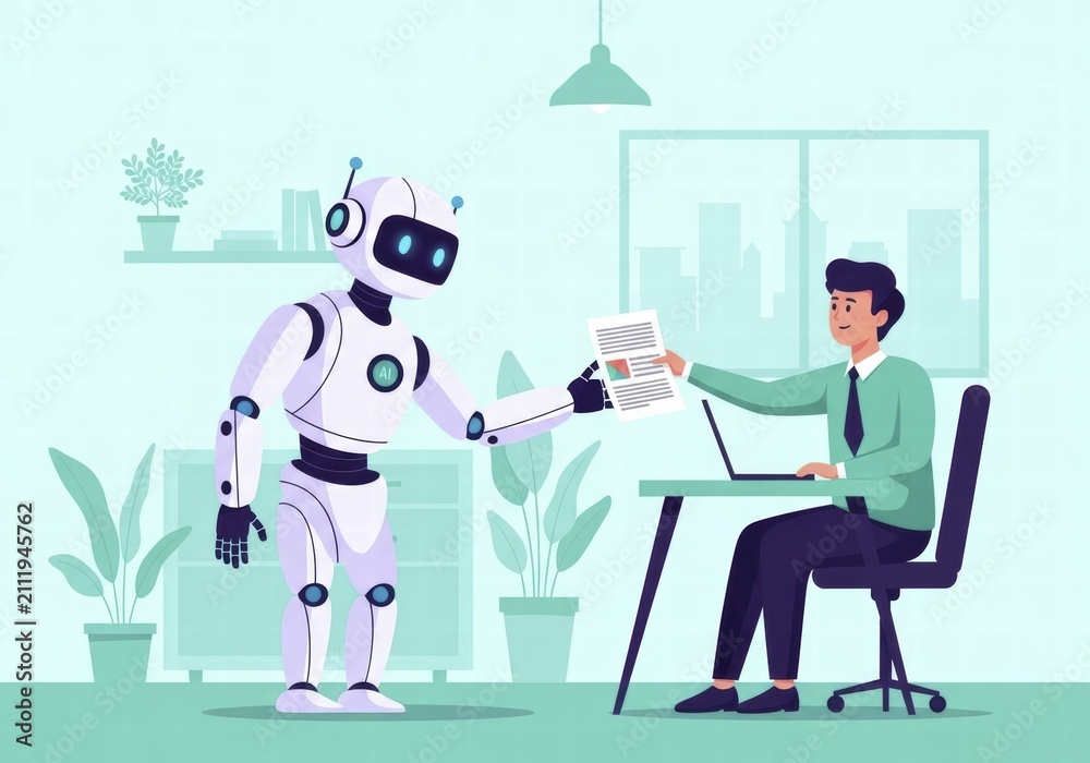 Fototapeta premium A humanoid robot with AI emblem on chest gives a paper to a smiling man sitting at a desk with a laptop, symbolizing collaboration and automation in the workplace, AI generated