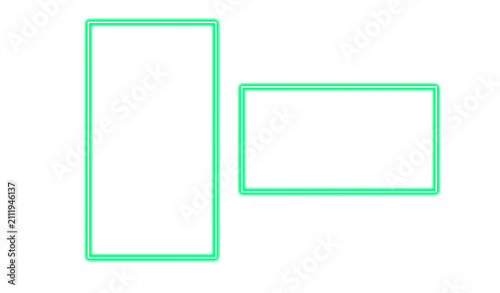 Two glowing neon green rectangular frames isolated on transparent background