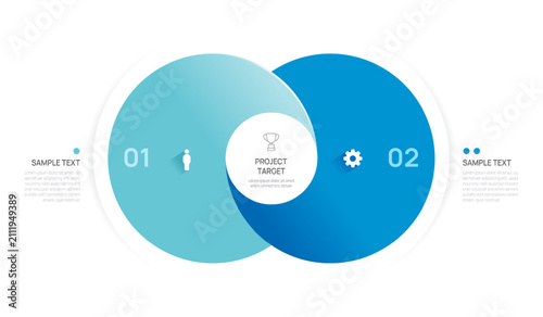 Venn diagram business infographic interlocking circle diagram template 2 options, presentation with Circular diagram elements vector illustration.