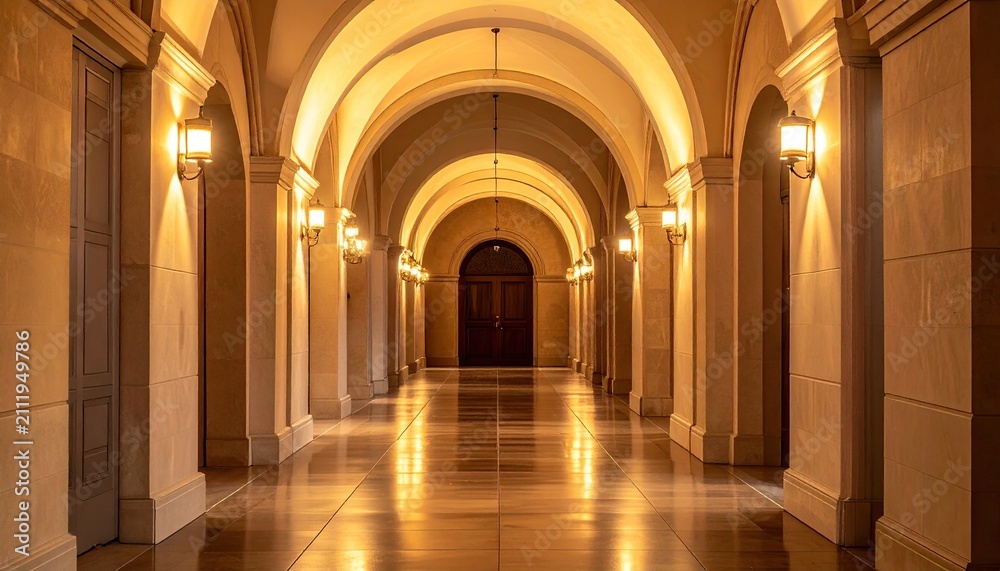 Obraz premium Wide perspective of arched hallway with glowing lights.