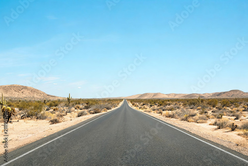 A straight paved highway runs through an arid, sparsely vegetated desert under a clear blue sky.