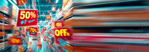 A dynamic motion blur view of a crowded supermarket aisle filled with floating promotional sale tags and discount signs displaying 50% and 70% off, illustrating retail sales, shopping sprees