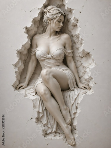 Stone woman sculpture emerging from cracked wall
