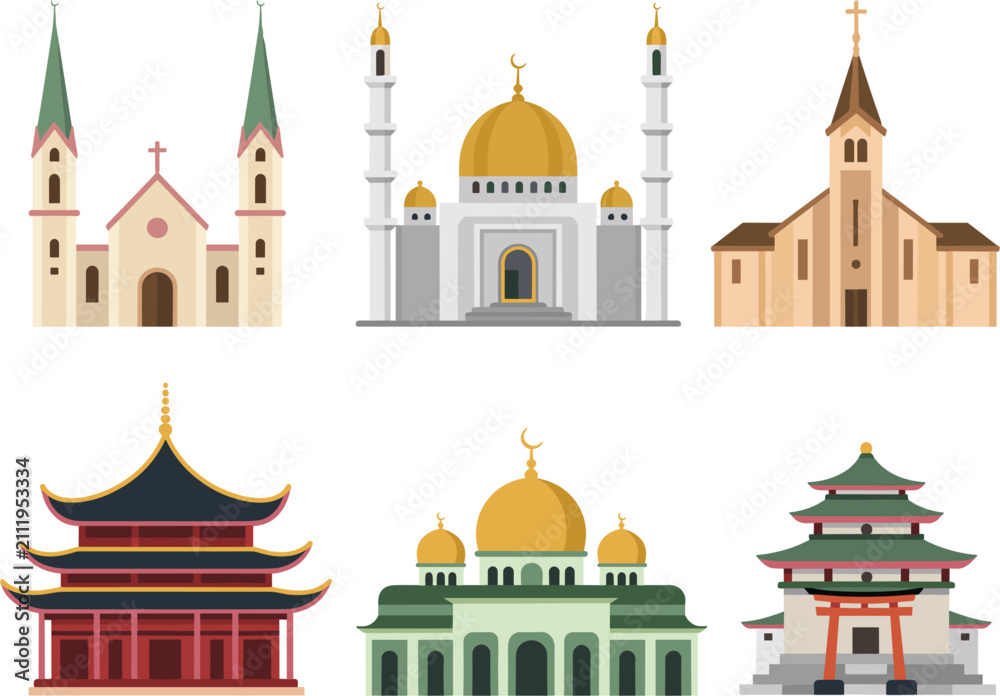 Fototapeta premium Religious buildings collection, churches mosques temples and pagodas isolated architectural vector illustration design set icons