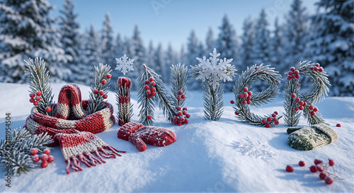 Winter Word Formed in Fresh Snow with Pine Branches | Cozy Seasonal Holiday Background