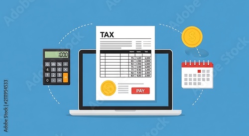 Online Tax Filing Illustration Featuring a Calculator and Calendar on Blue Background