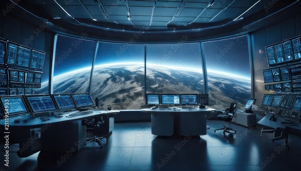 Fototapeta premium Futuristic control room with large screens.