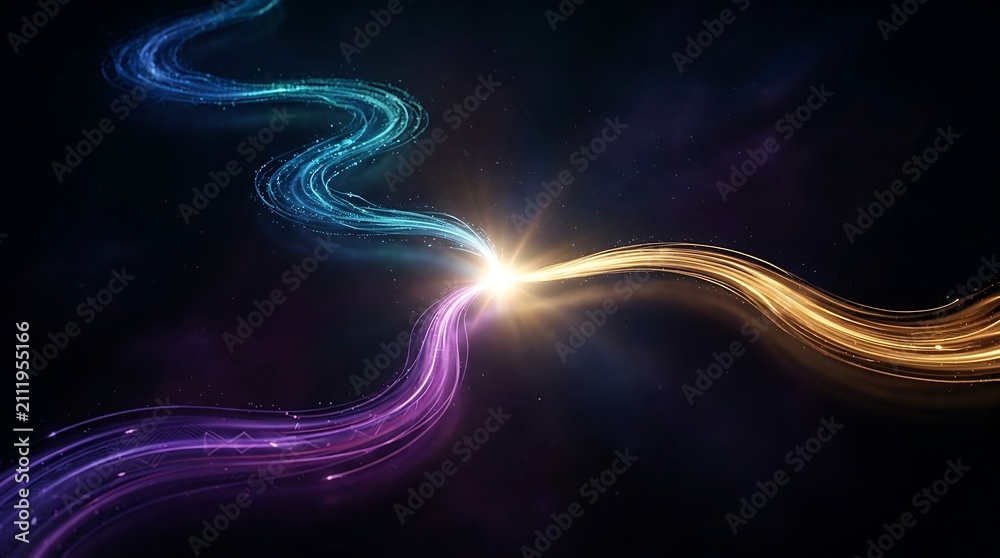 Obraz premium Abstract glowing light trails merging into a central point of unity with elegant purple and gold waves against a dark background for Women's Equality Day conceptual digital art