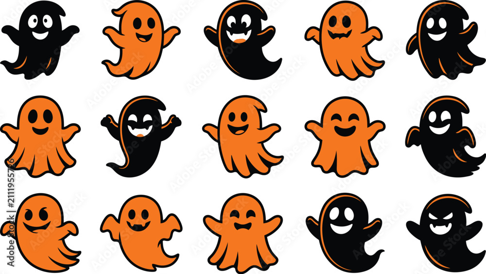Fototapeta premium Set of cute black and orange cartoon ghosts for halloween party decorations and festive seasonal graphic design projects