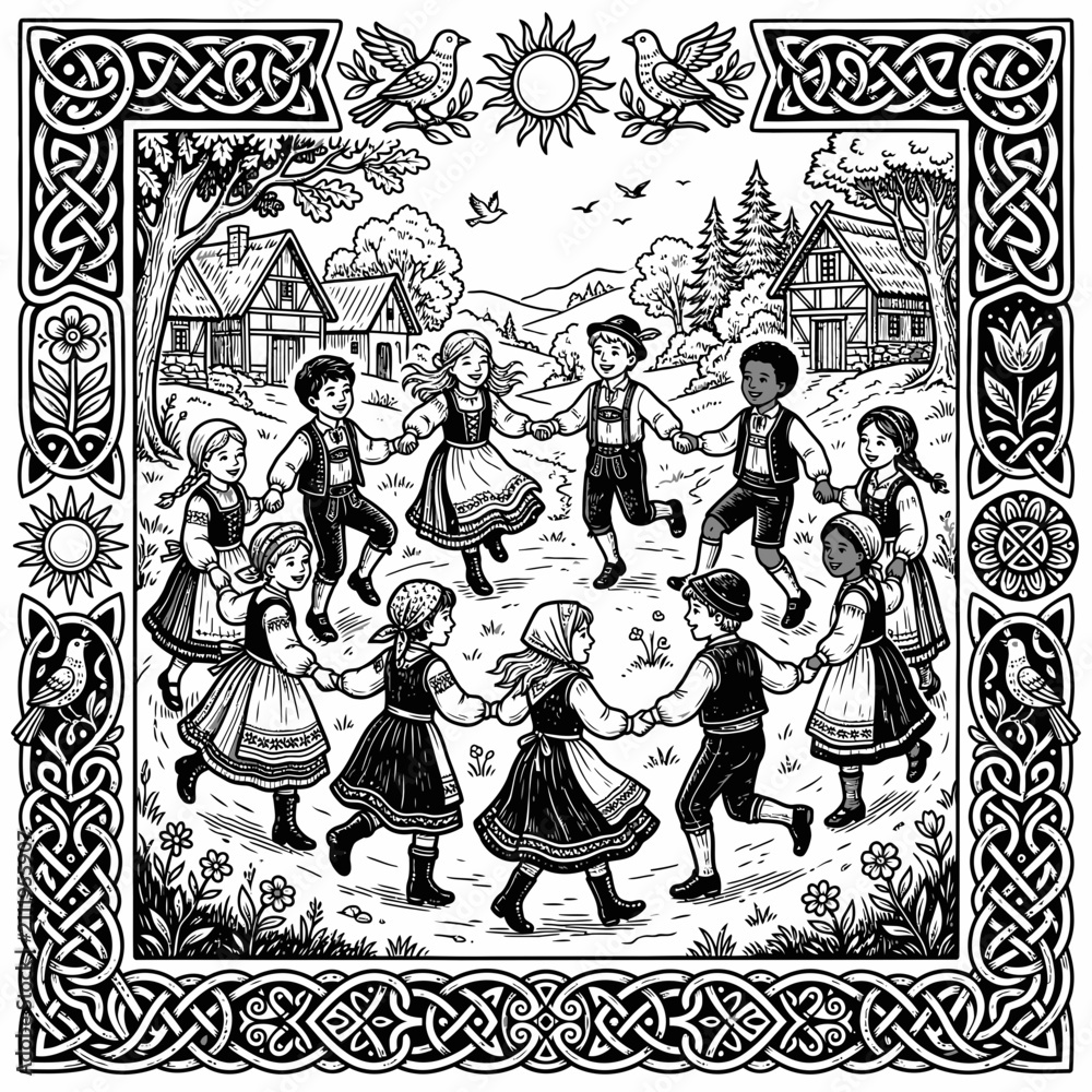 Fototapeta premium Children Dancing in Circle, Folk Village Scene, Black and White Illustration